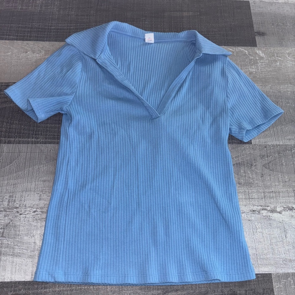 Old Navy Light Blue Ribbed Polo V-Neck Top